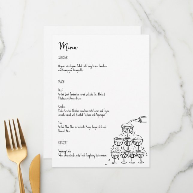Hand plockade champagne torn Menu-kort Meny (Fram/Back In Situ)