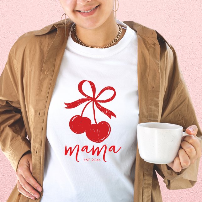 Hand plockade Cherry Cute Bow Red Mamma T Shirt (Hand Drawn Cherry Cute Bow Red Mama T-Shirt)
