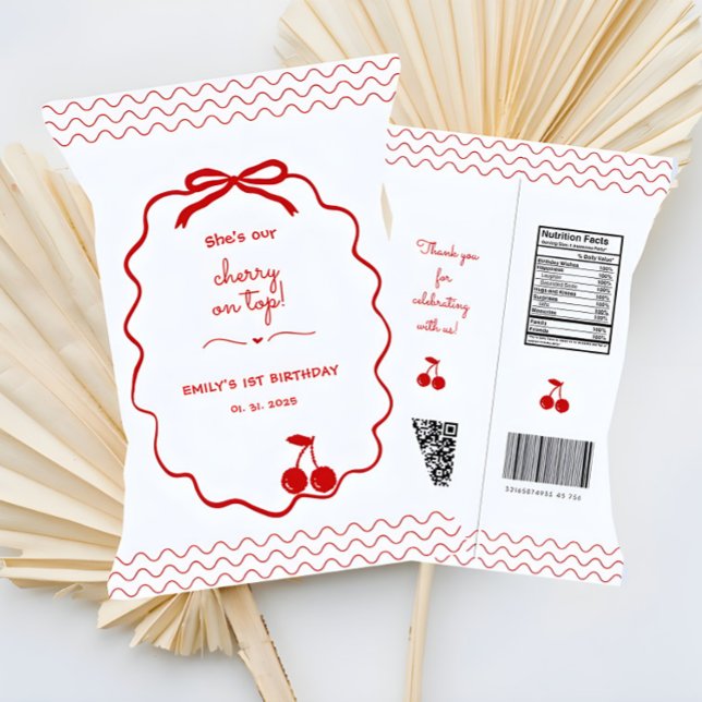 Hand plockade Cherry on Top Chip Bag Loot Bag Wrap Reklamblad (Hand drawn Cherry on Top Party Favor Chip bag loot bag)
