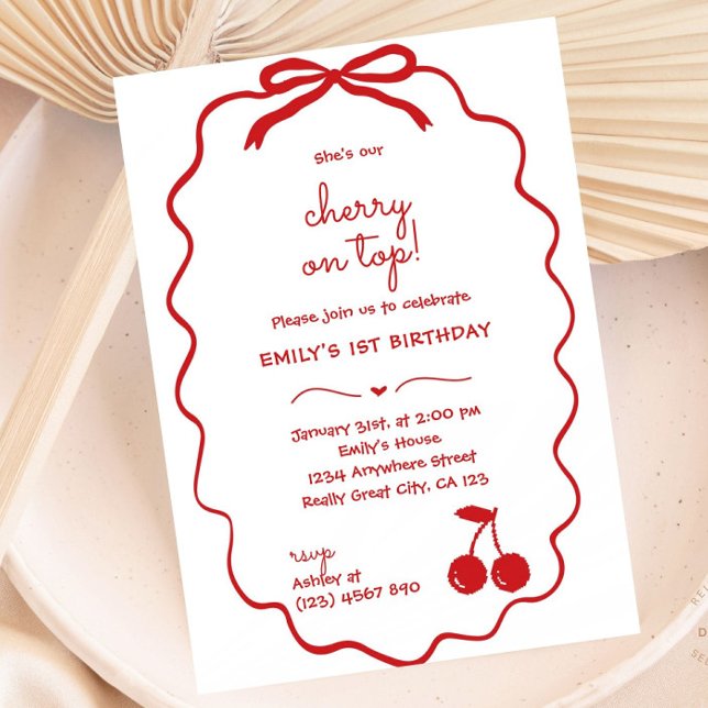 Hand plockade Cherry på populär födelsedag Inbjudningar (Hand drawn Red Cherry On Top Birthday Invitation with Handwritten Scribble Font)