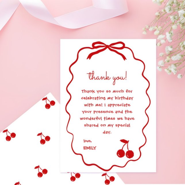Hand plockade Cherry på Top Whimsical Cherry Tack Kort (Hand drawn Cherry on Top Thank you Card)