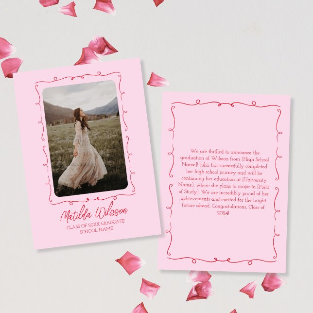 Hand plockade Chic Rosa & Red Photo 2024 Studenten Meddelande (Hand Drawn Chic Pink & Red Photo 2024 Graduation Announcement)