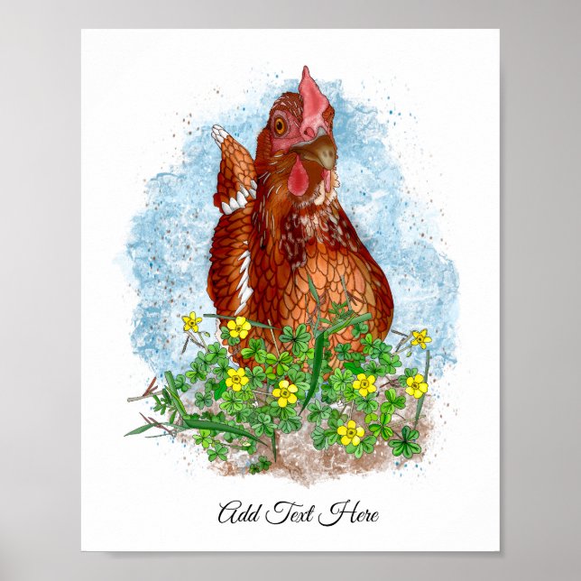 Hand plockade Chicken Art | Cute Chicken i blommor Poster (Framsidan)