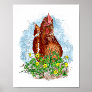 Hand plockade Chicken Art Cute Chicken i blommor Poster