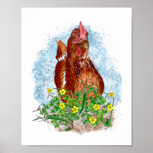 Hand plockade Chicken Art | Cute Chicken i blommor Poster (Framsidan)