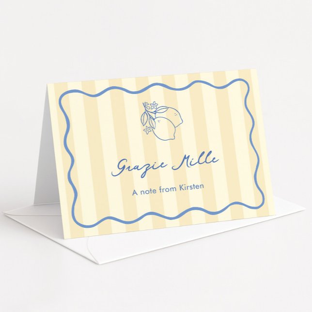 Hand plockade Ciao Miss Gult & Blue Möhippa Tack Kort (Grazie Mille Italian theme bridal shower thank you card in yellow and blue with hand drawn icons)