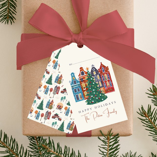 Hand plockade City Amsterdam jul Presentetikett (Hand drawn City Amsterdam Christmas Gift Tags)