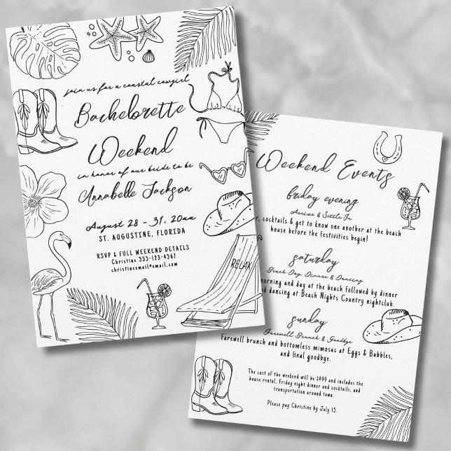 Hand plockade Coastal Cowgirl Bachelorette Party Inbjudningar (Hand Drawn Coastal Cowgirl Bachelorette Party Invitation)