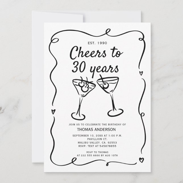Hand plockade Cocktail 30:e, 40:e, 50:e, födelseda Inbjudningar (Framsida)