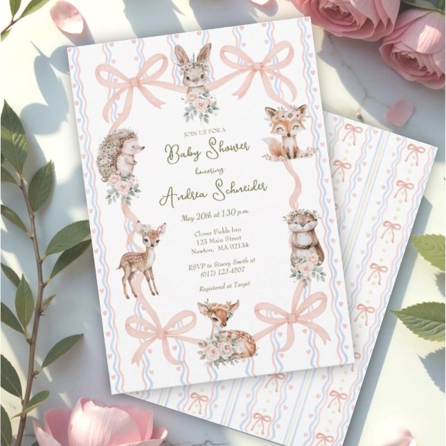 Hand plockade Coquette Ribbon Woodland Baby Shower Inbjudningar (Skapare uppladdad)