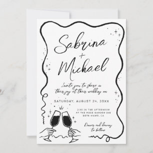 Hand plockade Curvy Whimsical Black and White Bröl Inbjudningar