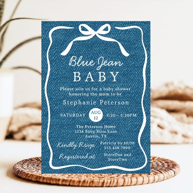 Hand plockade Cute Bow Simple Blue Jean Baby Showe Inbjudningar (Skapare uppladdad)