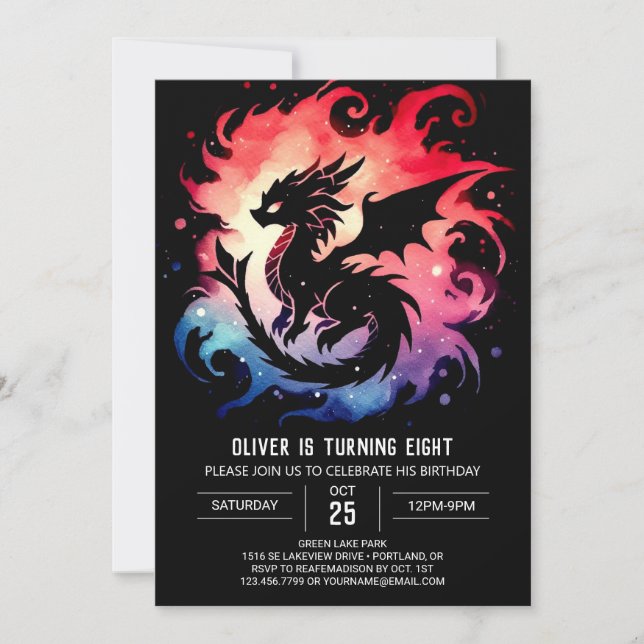 Hand plockade Cute Dragon Födelsedagsfirande Inbjudningar (Framsida)