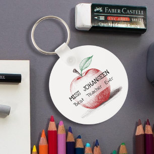 Hand plockade Cute & Roligt Red Apple Best Teacher Nyckelring
