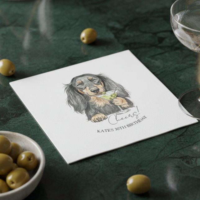 Hand plockade Dachshund Dirty Martini Doodle Cockt Pappersservett (Celebrate with this custom hand drawn dachshund martini cocktail napkin!)