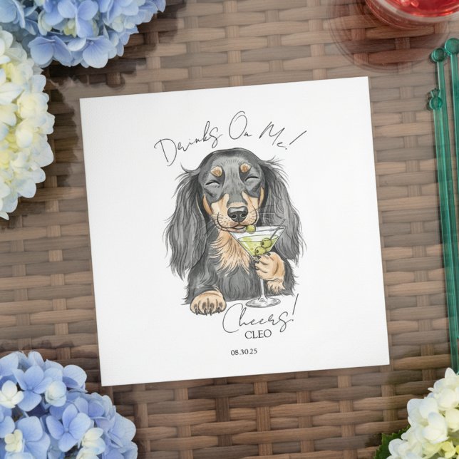 Hand plockade Dachshund Martini Open Pub Cocktail Pappersservett (Toast your pet with this custom hand drawn dachshund martini cocktail napkin!)