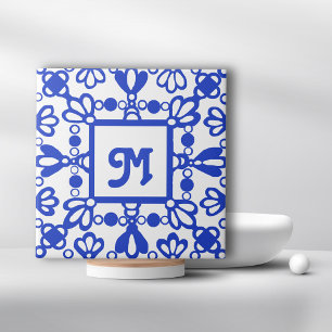 Hand plockade Delft Blue Ornate Monogram Initial Kakelplatta