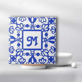 Hand plockade Delft Blue Ornate Monogram Initial Kakelplatta