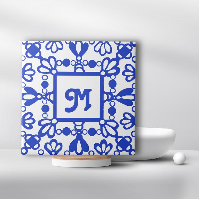 Hand plockade Delft Blue Ornate Monogram Initial Kakelplatta (Skapare uppladdad)