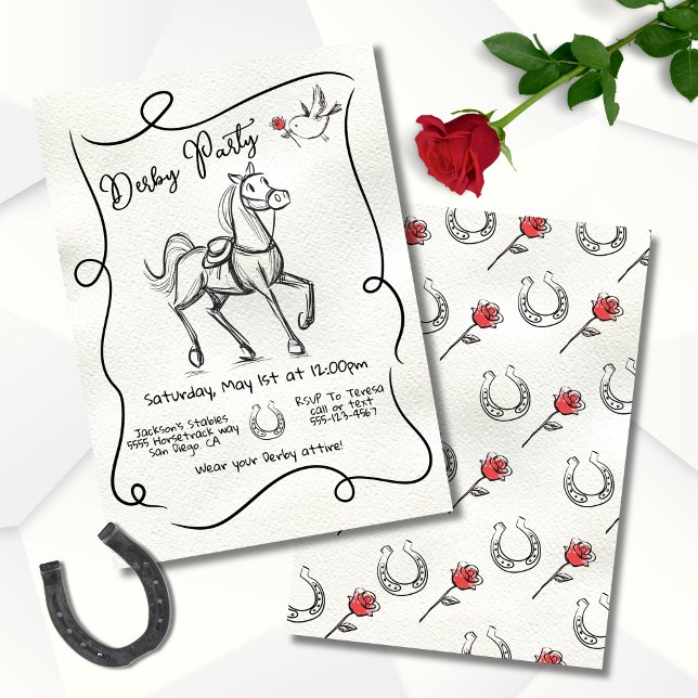 Hand plockade Derby Racehorse Modern Doodle party Inbjudningar (Skapare uppladdad)