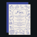 Hand plockade Dinner Menu italiensk blå Meny<br><div class="desc">Förbättra din bröllopsmottagning med det här illustrerade menykortet. Med handritade matsymboler och en klassisk design ger det här anpassadet ett charmerande drag på din speciella dag. Perfekt för att visa din försiktigt böjda meny är det här kortet både elegant och funktionellt, och skapar det som en vacker keepsaké för dina...</div>