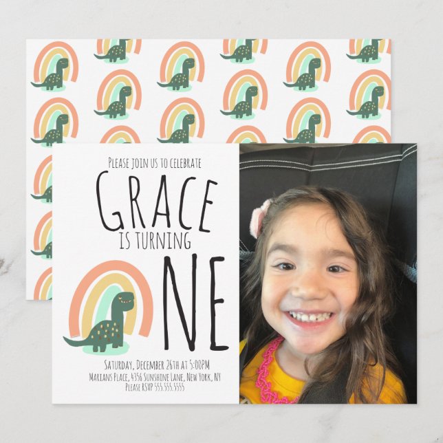 Hand plockade Dinosaur Rainbow Födelsedagsfest Pho Inbjudningar (Fram/baksida)