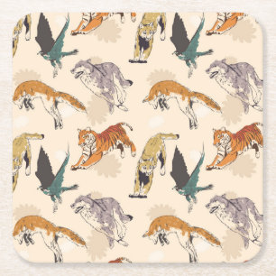 Hand plockade-djur i Vilden Retro Sketch Underlägg Papper Kvadrat