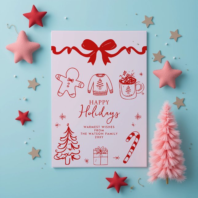 Hand plockade Doodle Bow Red Rosa jul Helg Vykort (Hand Drawn Doodle Red Pink Christmas Holiday Card)