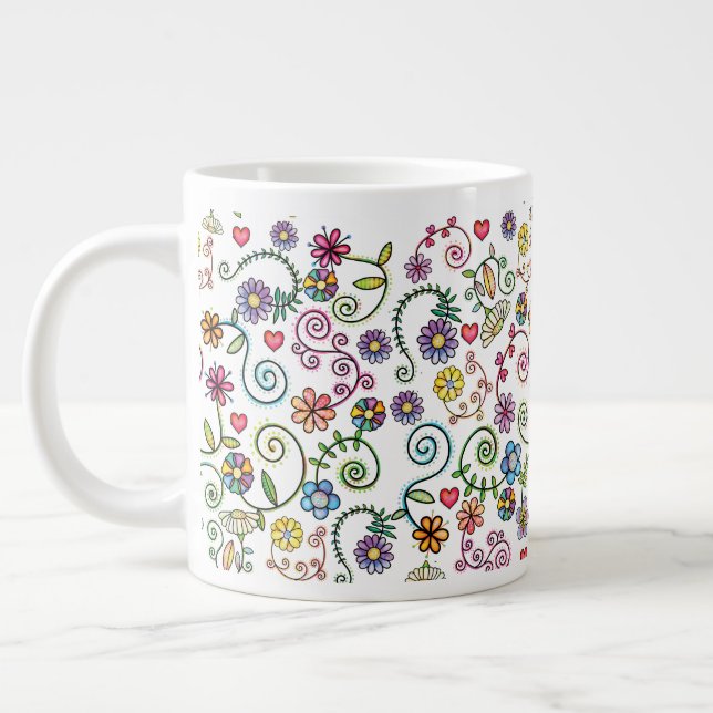 Hand plockade Doodle-färgad Blommigt sömlös mönste Jumbo Mugg (Vänster)
