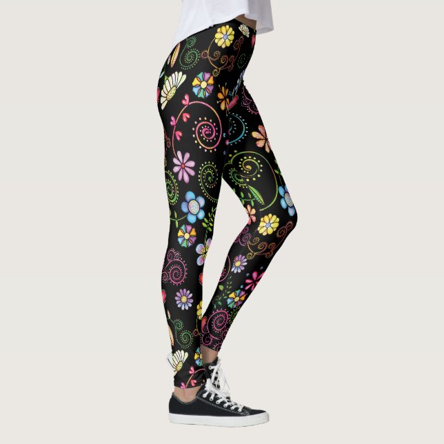 Hand plockade Doodle-färgad Blommigt sömlös mönste Leggings (Höger)