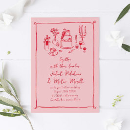 Hand plockade Doodle Food and Drink Rosa-Red Bröll Inbjudningar