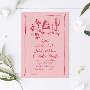 Hand plockade Doodle Food and Drink Rosa-Red Bröll Inbjudningar