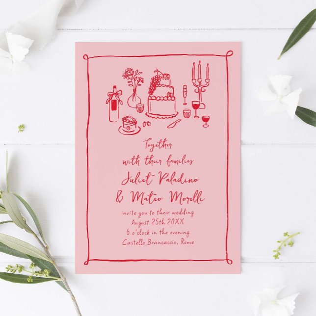 Hand plockade Doodle Food and Drink Rosa-Red Bröll Inbjudningar (pink quirky hand-drawn wedding invitation)