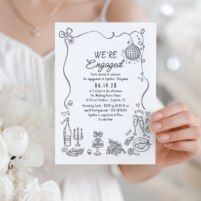 Hand plockade Doodle Funky Viktig Förlovningsfest Inbjudningar (Whimsical Hand Drawn Quirky Doodles Cute Engagement Party Invitation)