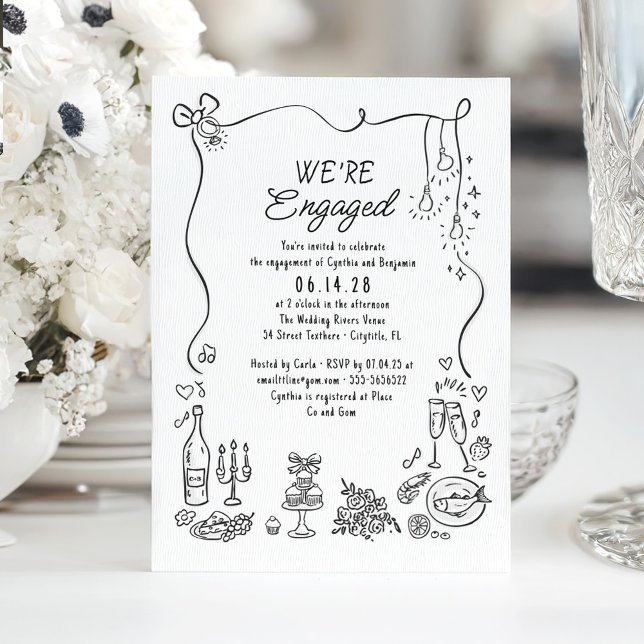 Hand plockade Doodle Funky Viktig Förlovningsfest Inbjudningar (Whimsical funky drawings engagement party invitation)