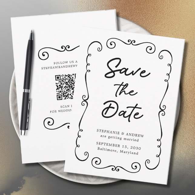 Hand plockade Doodle Gräns Bröllop spara datum Inbjudningar (Hand Drawn Doodle Border QR Code Wedding Save the Date Invitation)