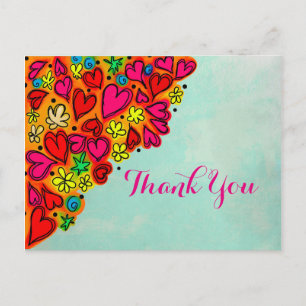Hand plockade Doodle Heart and Flowers Tack Vykort