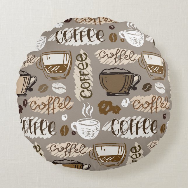 Hand plockade doodle-kaffe, mönster, bakgrund rund kudde (Framsidan)