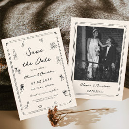 Hand plockade Doodle Old Money Bröllop spara datum Inbjudningar