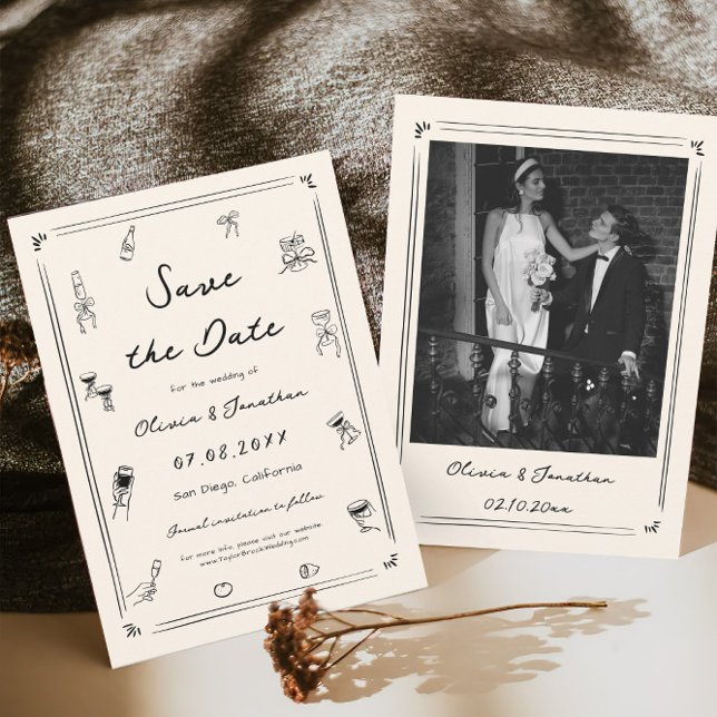 Hand plockade Doodle Old Money Bröllop spara datum Inbjudningar (Skapare uppladdad)