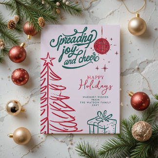 Hand plockade Doodle Red Grönt Rosa Jul jul Julkort
