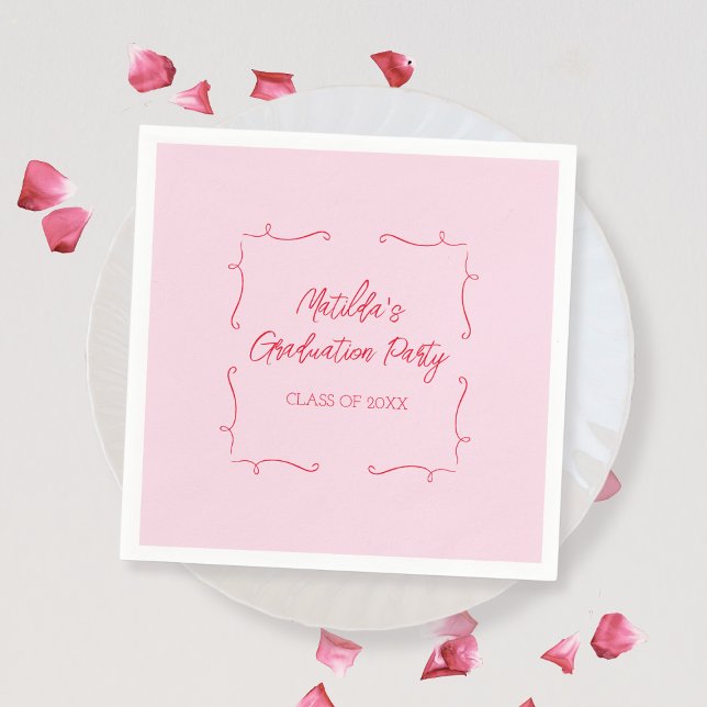 Hand plockade Doodle Rosa & Red Studentfest Pappersservett (Hand Drawn Doodle Pink & Red Graduation Party Napkins)