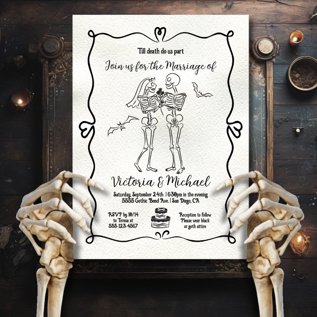 Hand plockade doodle Skeleton bride & Groom Bröllo Inbjudningar (Skapare uppladdad)