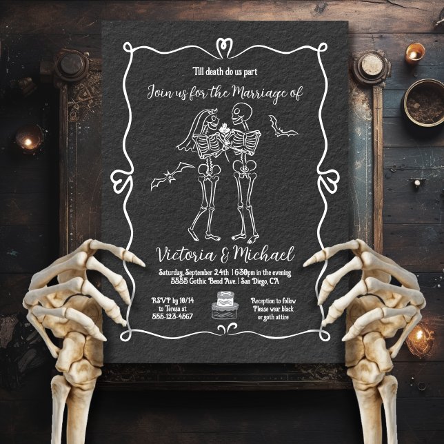 Hand plockade doodle Skeleton bride & Groom Bröllo Inbjudningar (Skapare uppladdad)