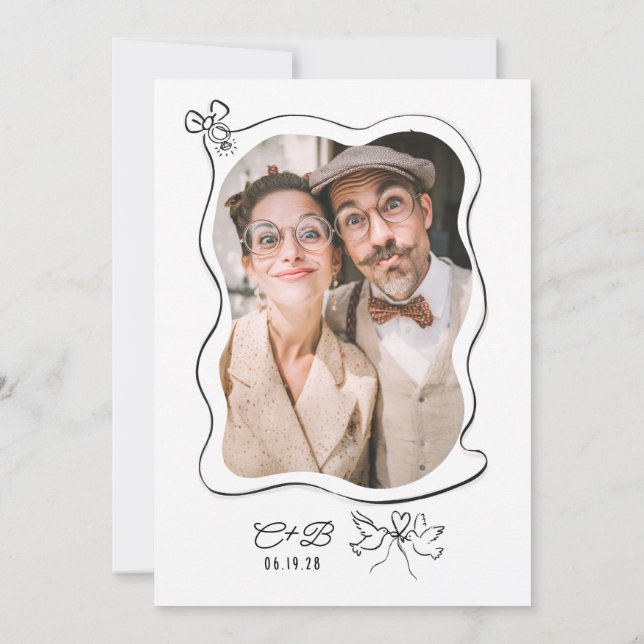 Hand plockade Doodle Whimsical Förlovningsfest Pho Inbjudningar (Baksida)