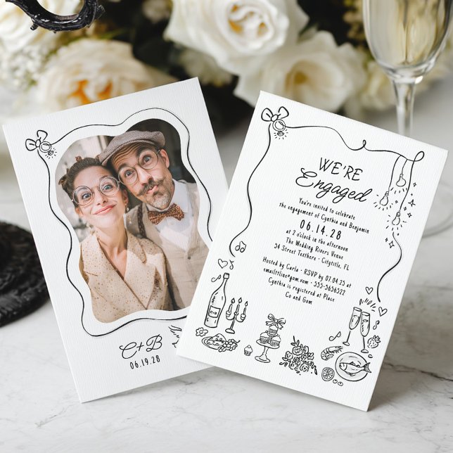 Hand plockade Doodle Whimsical Förlovningsfest Pho Inbjudningar (Whimsical Funky Hand-drawn Engagement Party Photo Invitation)