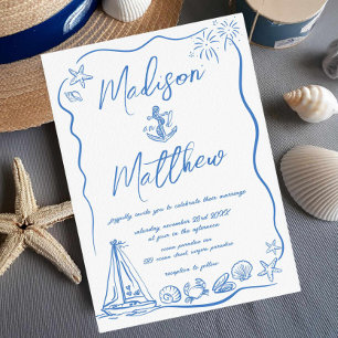 Hand plockade Doodles Anchor Beach Nautical Bröllo Inbjudningar