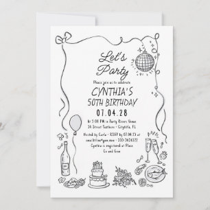 Hand plockade Doodles Whimsical Quirky Vuxen Birth Inbjudningar