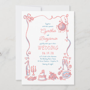 Hand plockade Doodles Whimsical Retro Bröllop Phot Inbjudningar