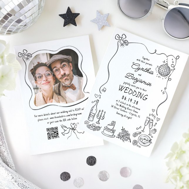 Hand plockade Doodles Whimsical Retro Bröllop Phot Inbjudningar (Hand Drawn Whimsical Wedding Photo Invitation)